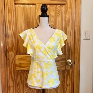 Ann Taylor Floral Flutter Sleeve Top - Women's Size Small, Yellow & White
